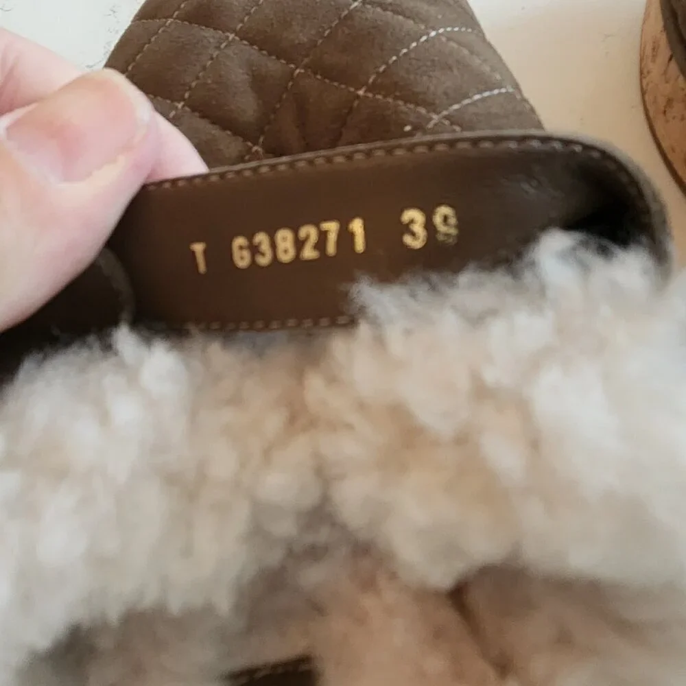 Chanel Suede Calfskin Shearling Turn Lock Clogs, Authentic